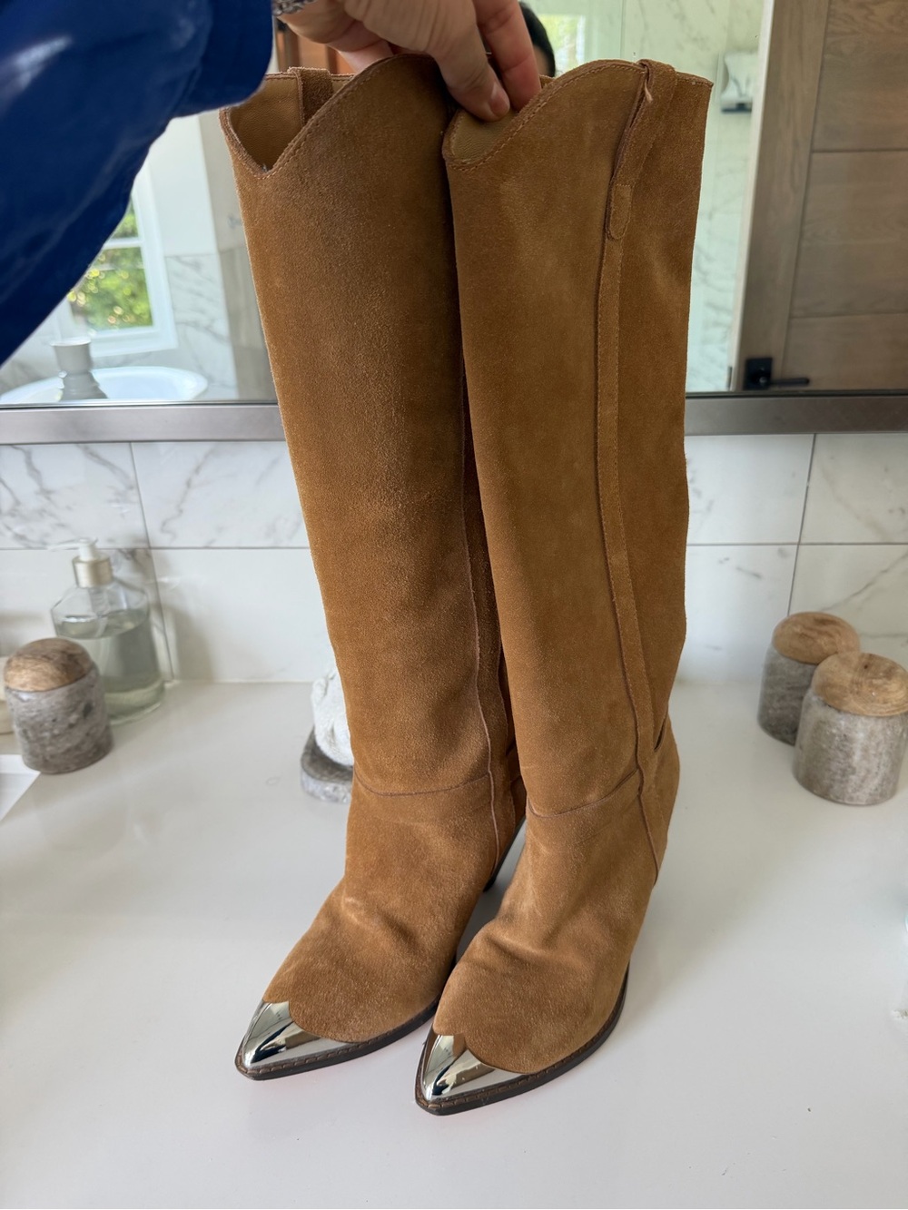 ISABEL MARANT Tan Suede Knee-High Boots with Metallic Toe